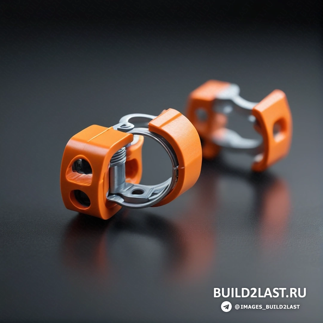 Модульный конструктивизм - 3D-рендер. Два оранжевых металлических предмета на черной поверхности с серебряным крючком на каждом из них