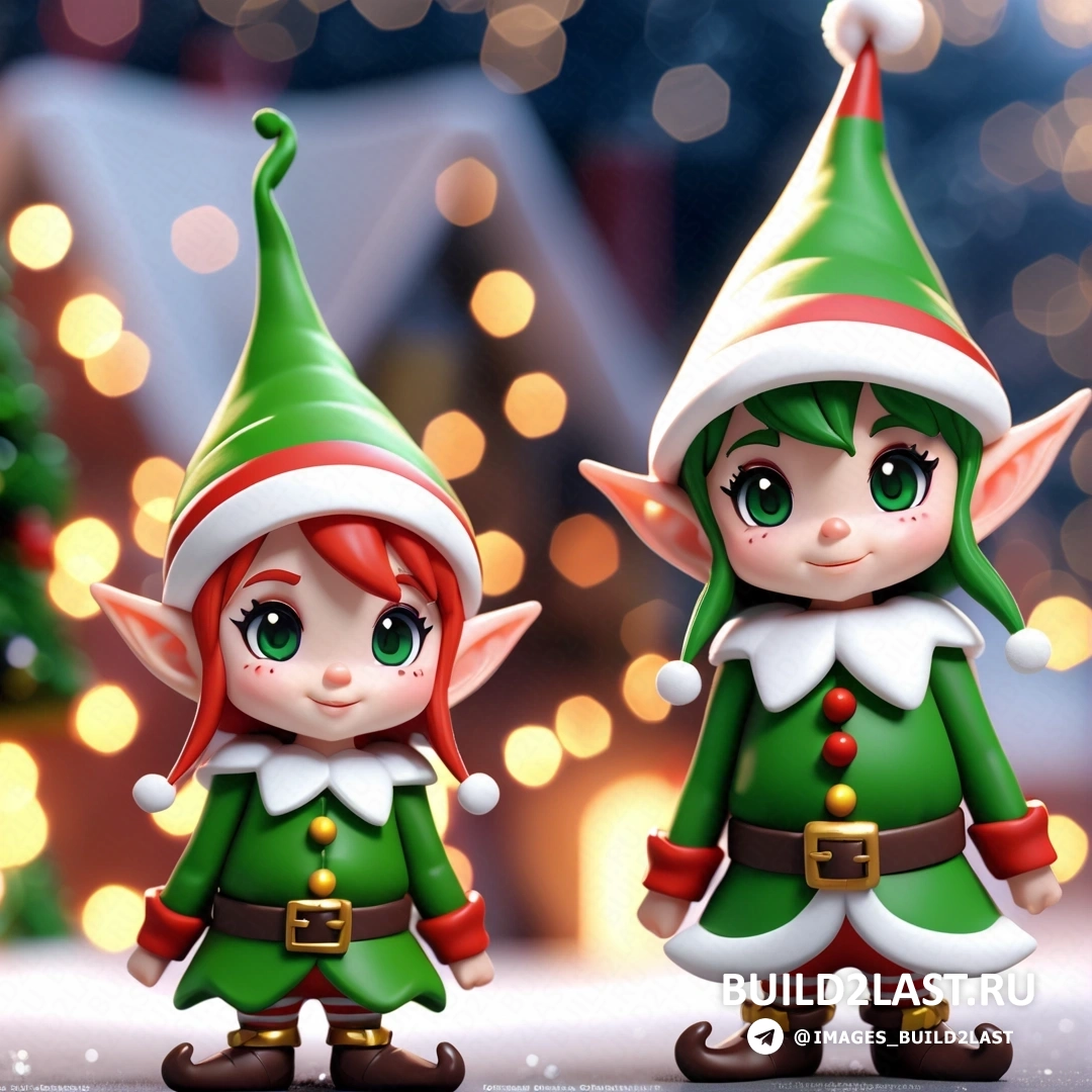 два рождественских эльфа стоят рядом друг с другом перед рождественской елкой с огнями и размытым фоном