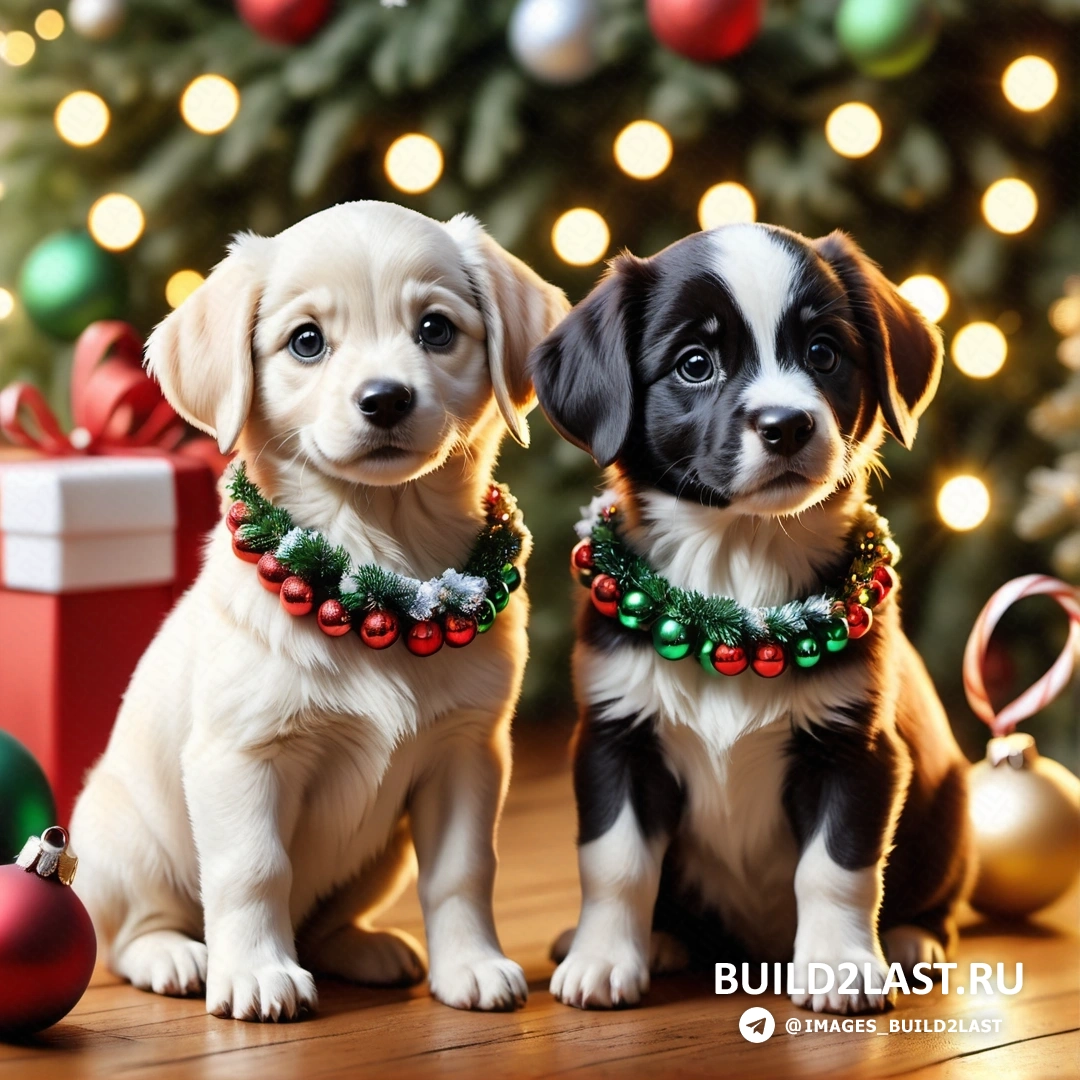 два щенка рядом друг с другом перед рождественской елкой с подарками