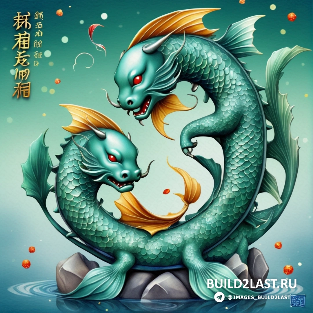 два зеленых дракона на вершине камня в воде с золотой рыбой во рту и красным глазом