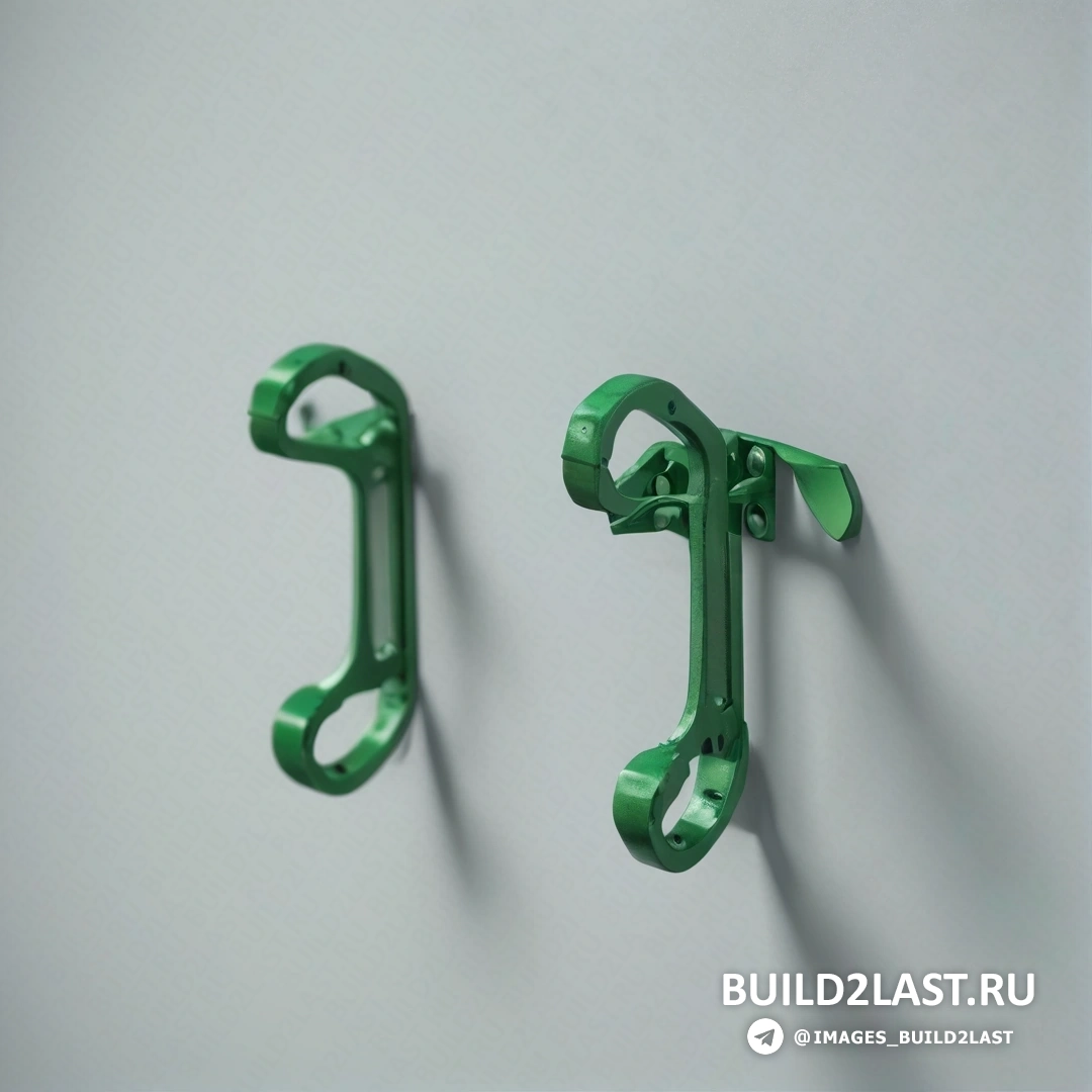 Модульный конструктивизм - 3D-рендеринг. Два зеленых крючка висят на стене вместе