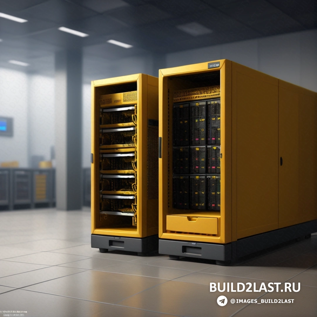 Компьютерное искусство - компьютерная визуализация. Два желтых сервера находятся в комнате с плиточным полом и экраном телевизора на заднем плане