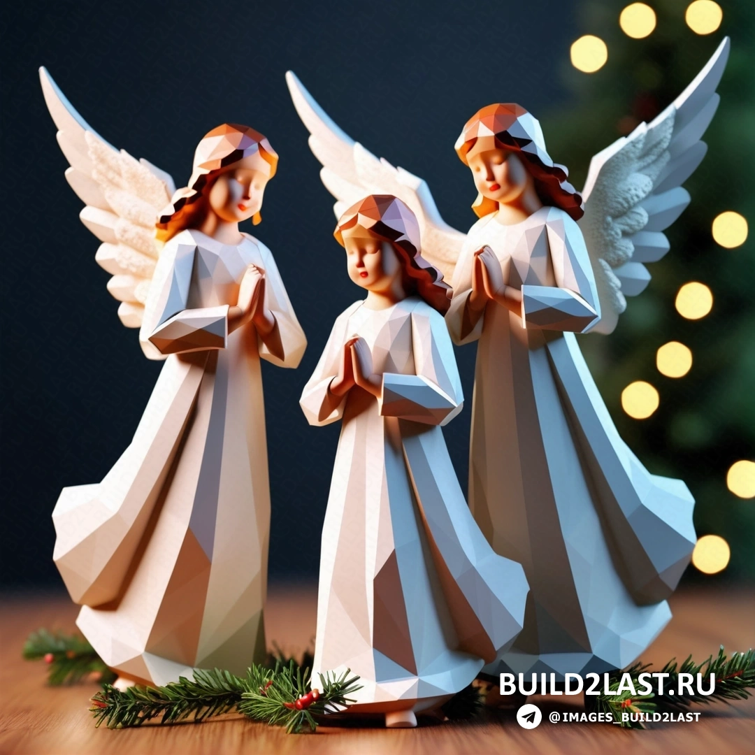 две бумажные фигурки ангелов на столе рядом с рождественской елкой с огнями