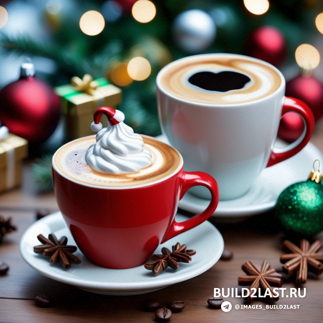 две чашки кофе со взбитыми сливками сверху и рождественскими украшениями на столе с рождественской елкой