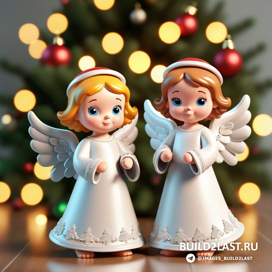 две фигурки ангелов, стоящие рядом с рождественской елкой с огнями