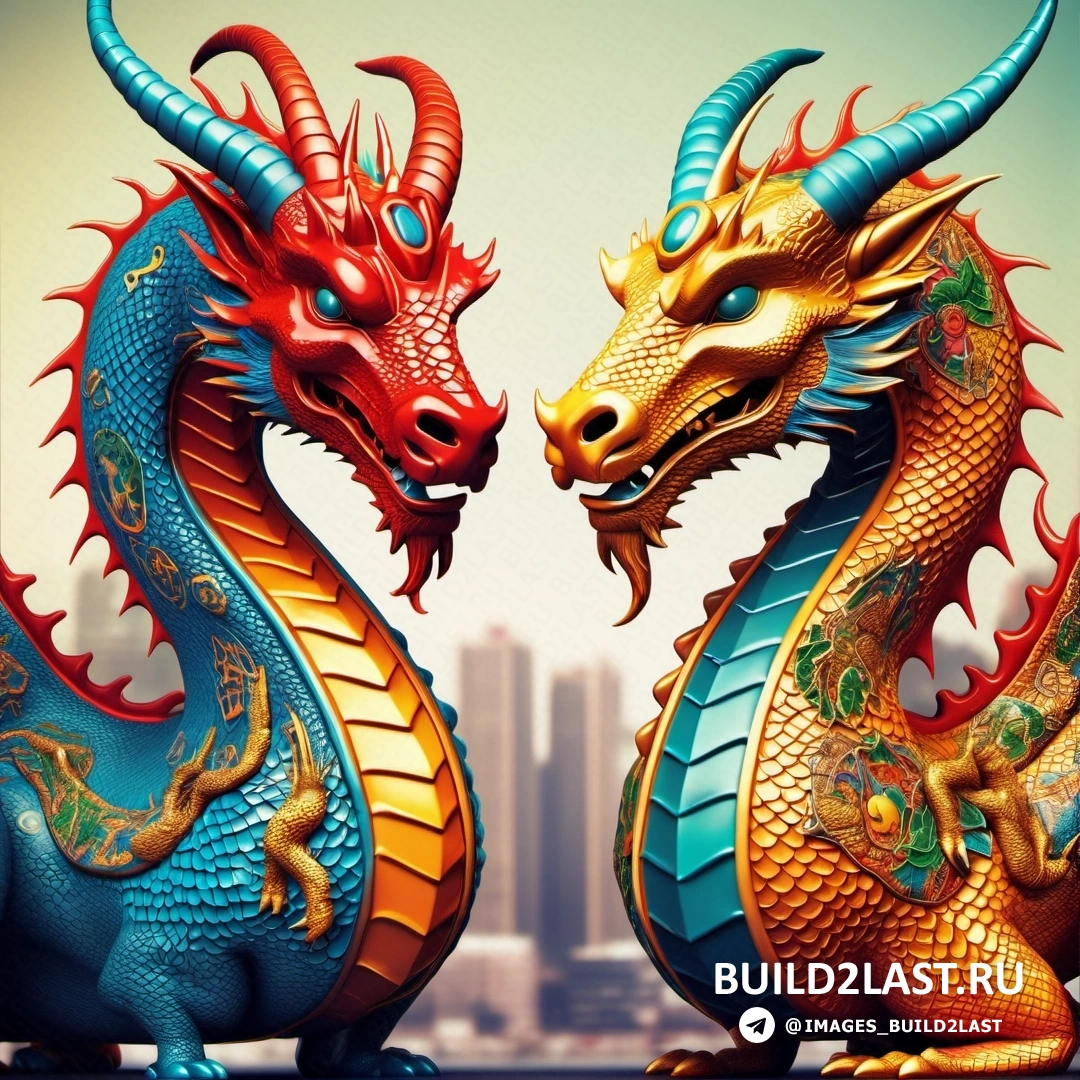 две красочные статуи дракона, обращенные друг к другу, на фоне городского горизонта с небоскребами