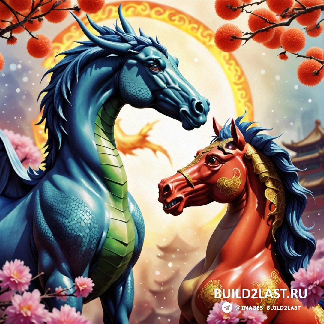 две лошади, стоящие рядом друг с другом перед деревом с цветами и луной