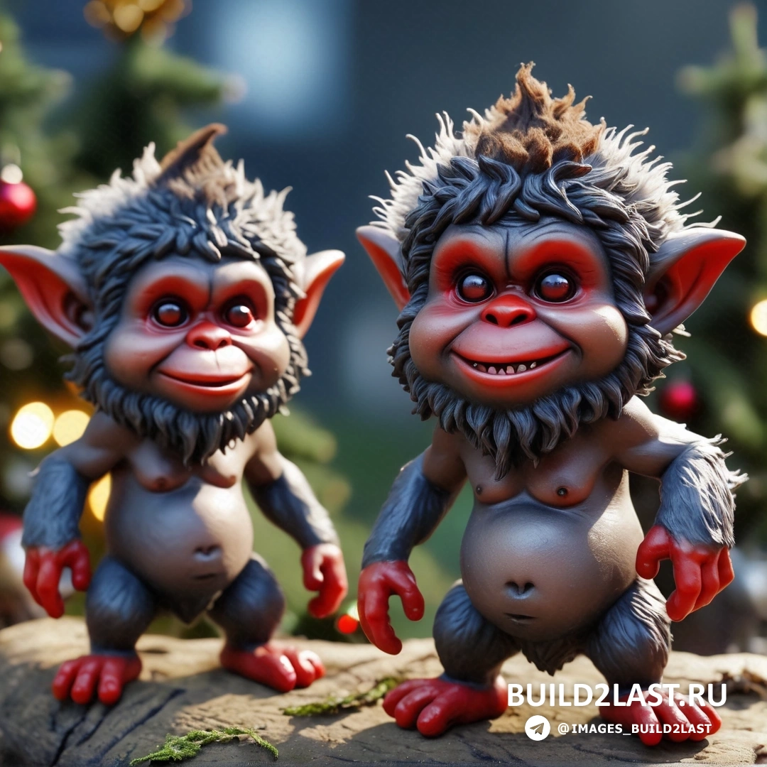 две маленькие куклы-тролли, стоящие рядом на бревне перед рождественской елкой с огнями
