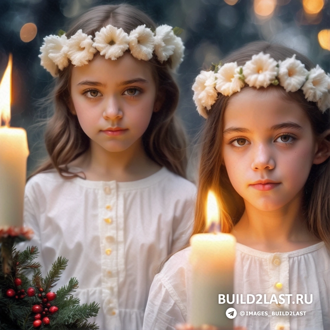 две молодые девушки, стоящие рядом друг с другом со свечами в руках и рождественской елкой
