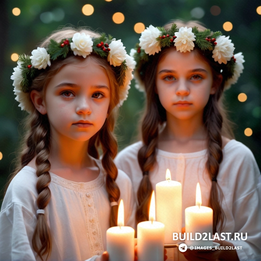 две молодые девушки в цветочных коронах, держащие свечи перед рождественской елкой с огнями и гирляндой цветов на голове