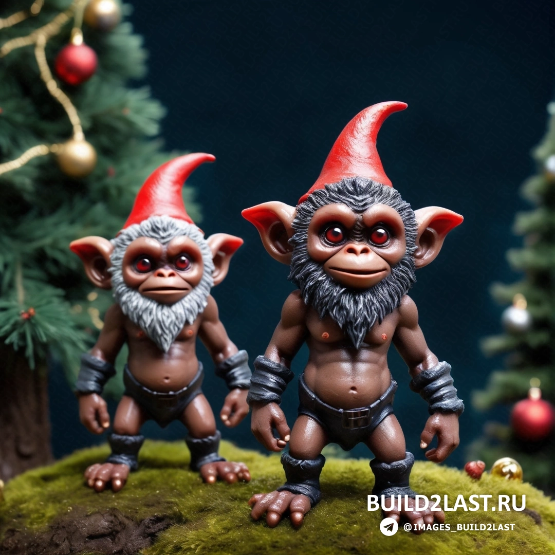 две небольшие фигурки тролля и гнома, стоящих рядом с рождественской елкой с украшениями 