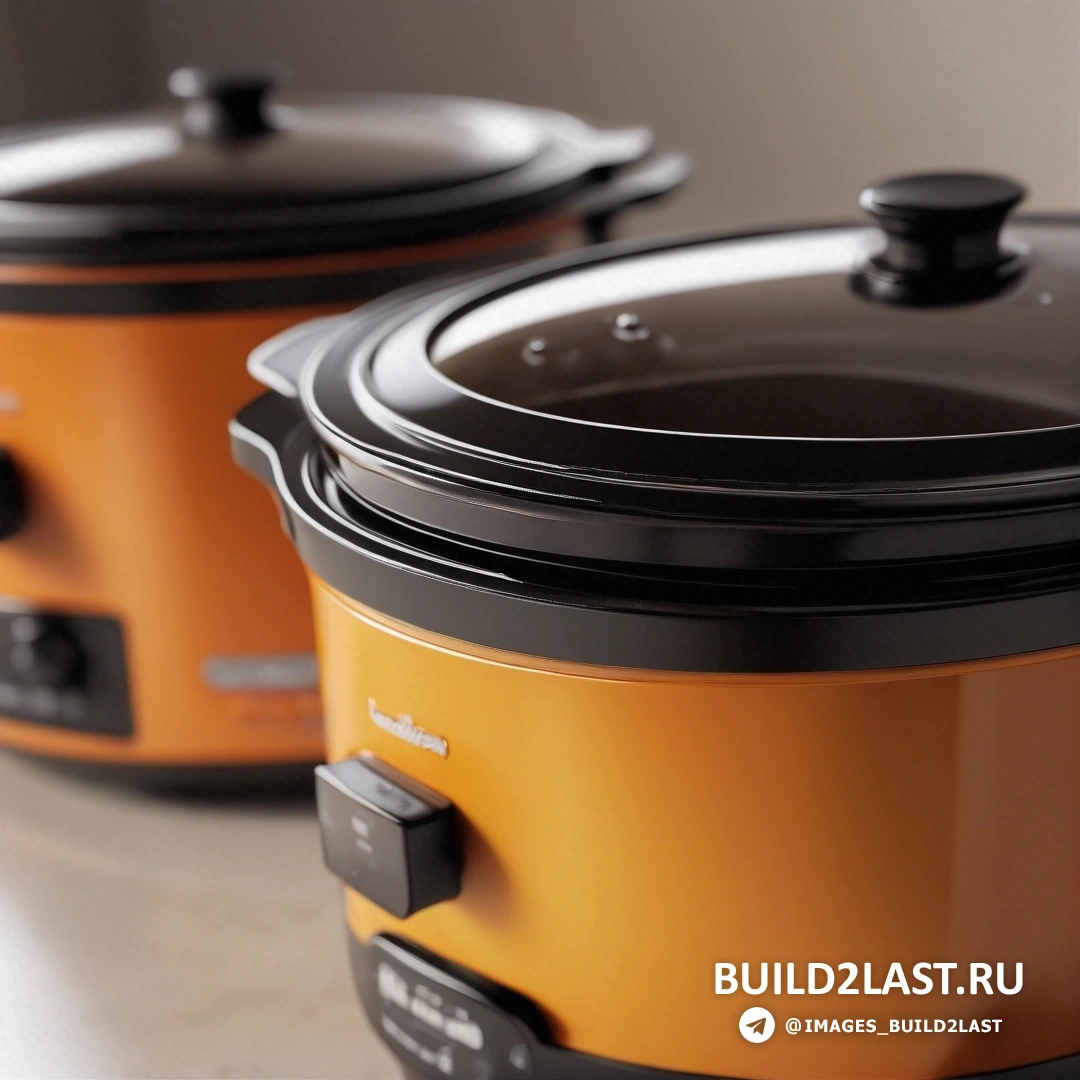 Фотореализм - 3D-рендеринг. Две оранжевые и черные кастрюли на столешнице рядом друг с другом на столешнице