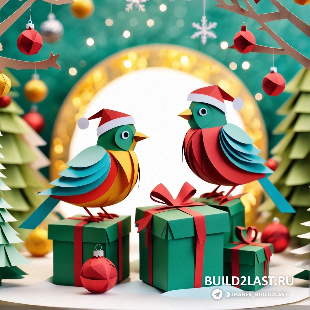 две птицы на подарках под рождественской елкой с украшениями и огнями на фоне праздничной сцены