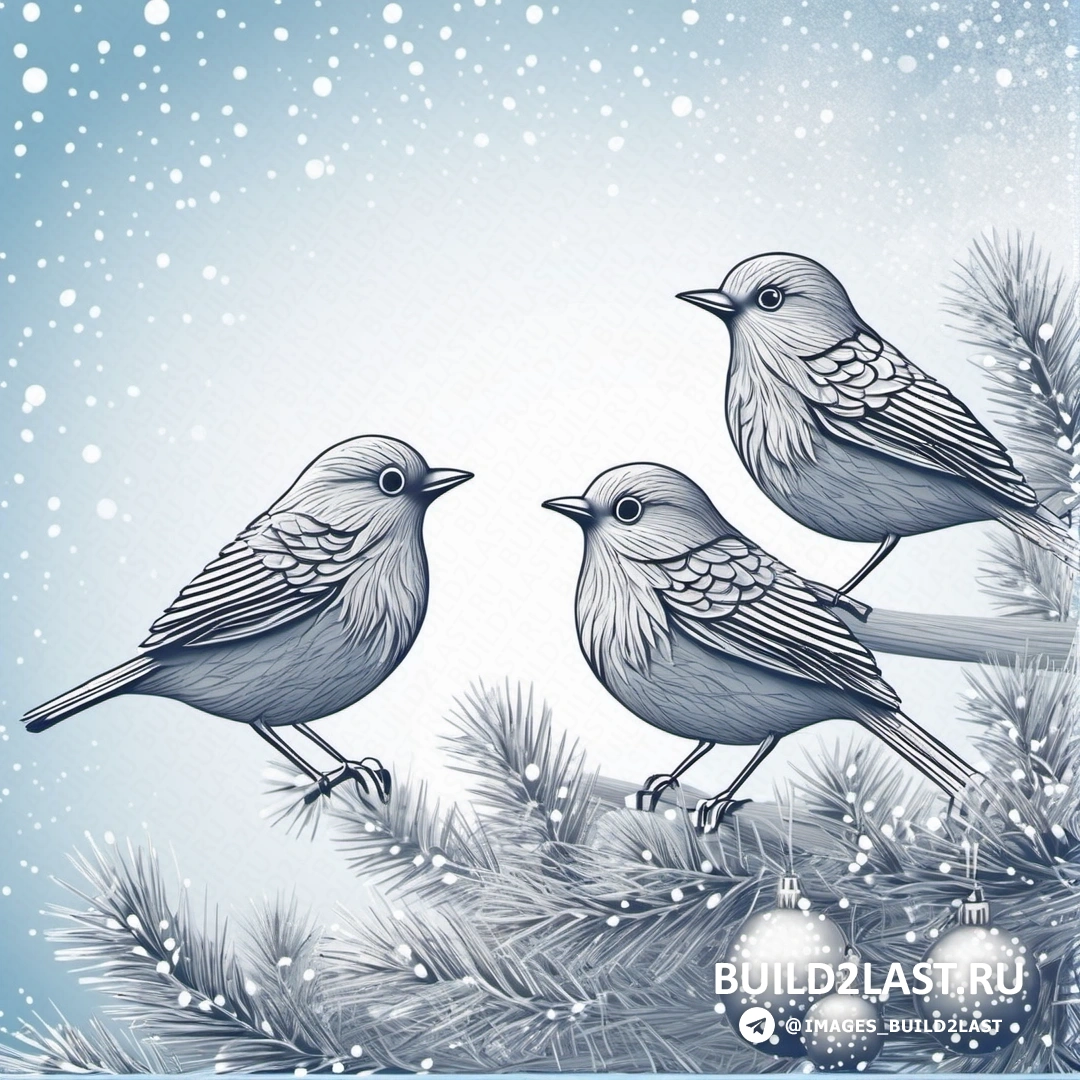 две птицы на ветке дерева в снегу со снежинками на фоне неба