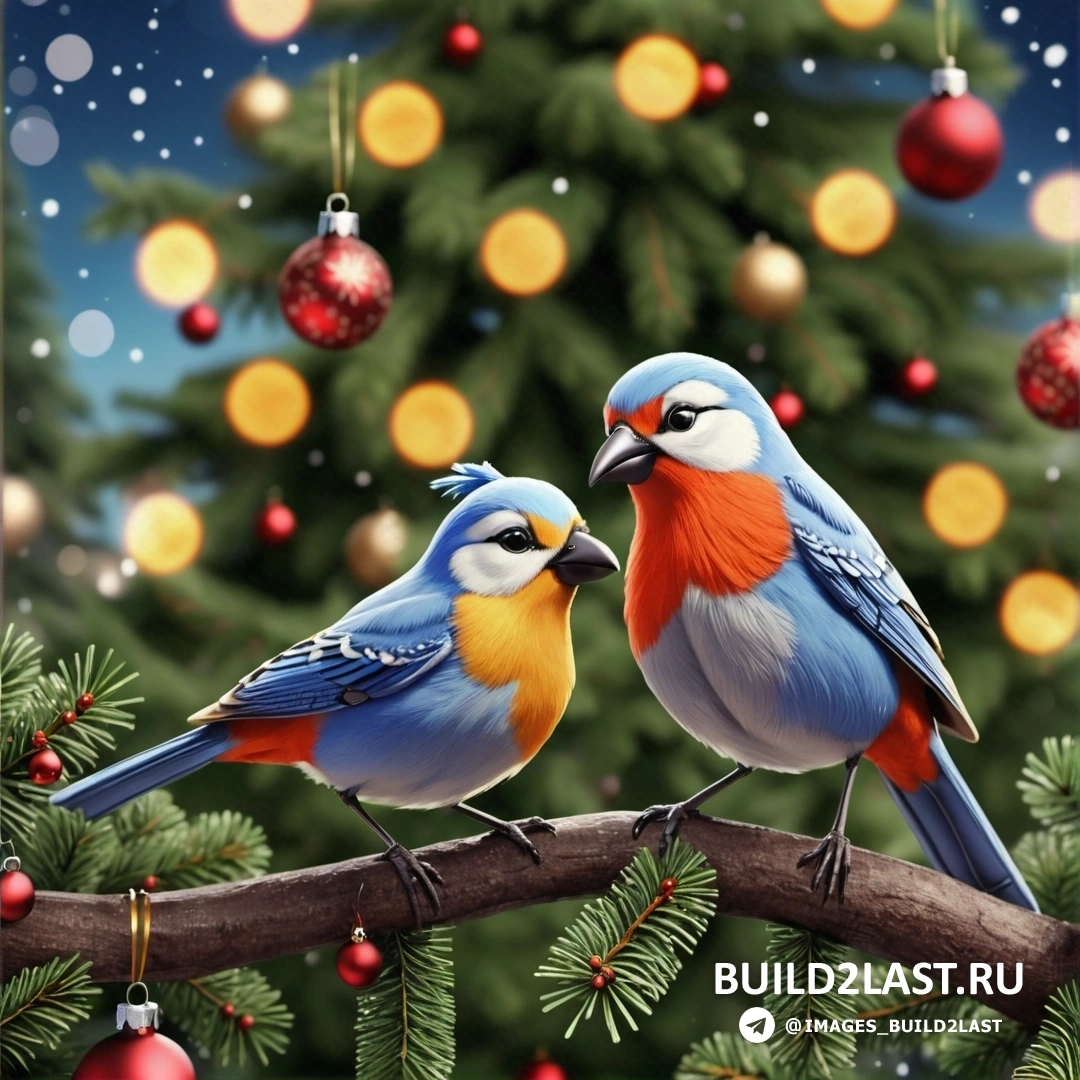 две птицы на ветке перед рождественской елкой с украшениями и шарами на ветвях