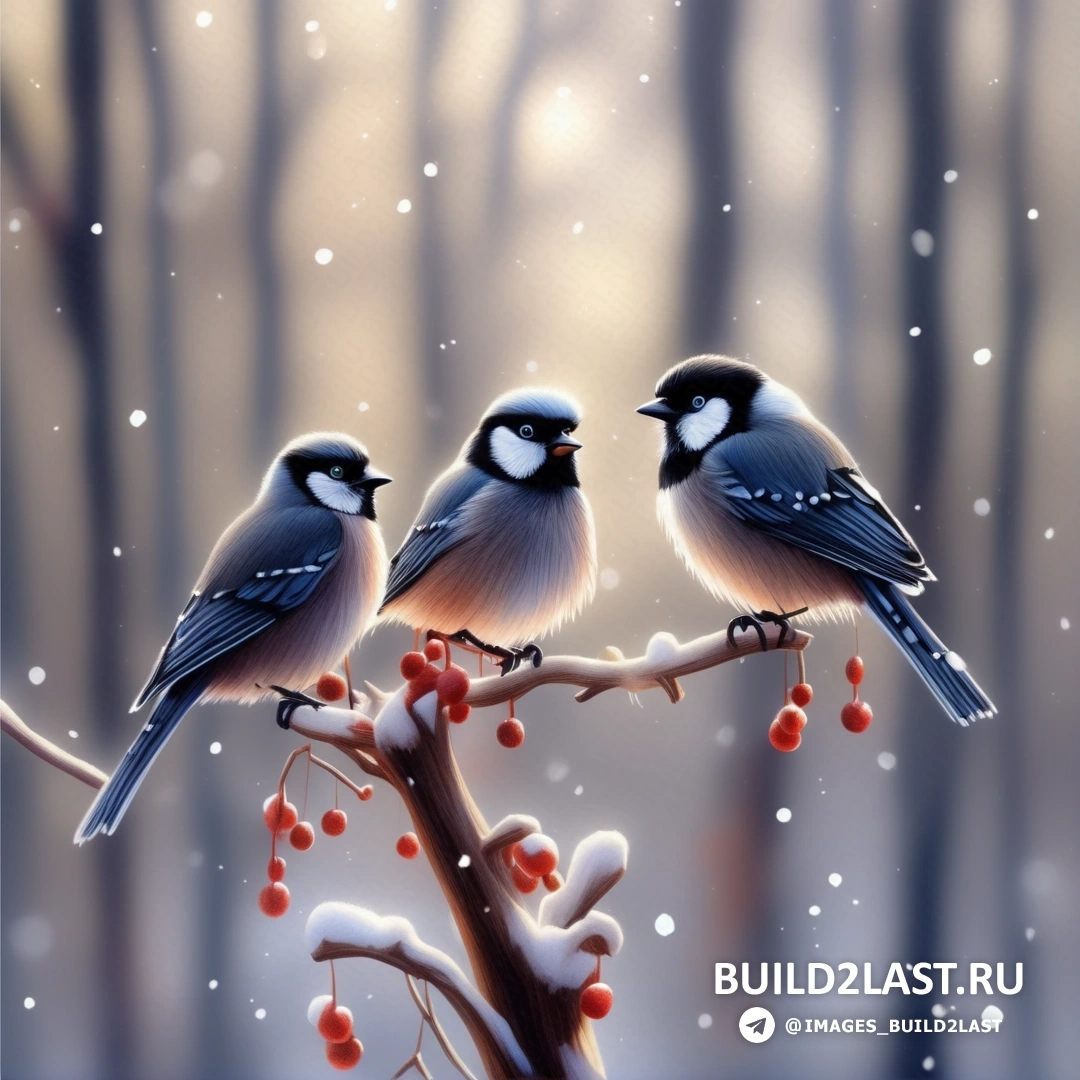 две птицы на ветке с ягодами в снегу и лес с падающим снегом