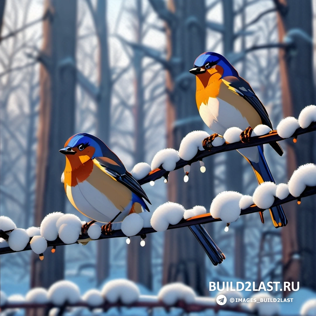 две птицы на ветке в снегу, деревья, снег на земле