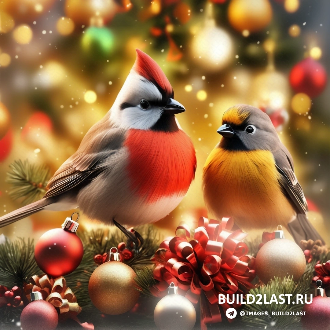 две птицы на ветке с рождественскими украшениями и рождественской елкой с огнями