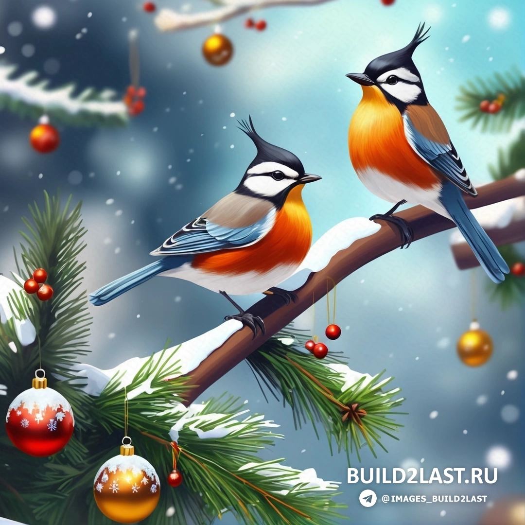 две птицы на ветке с рождественскими украшениями и снежным фоном с безделушками и шарами