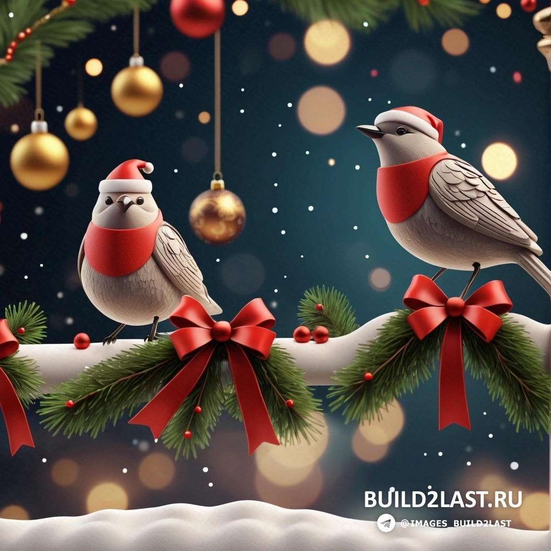 две птицы на ветке с рождественскими украшениями и свисающими шарами и рождественской елкой