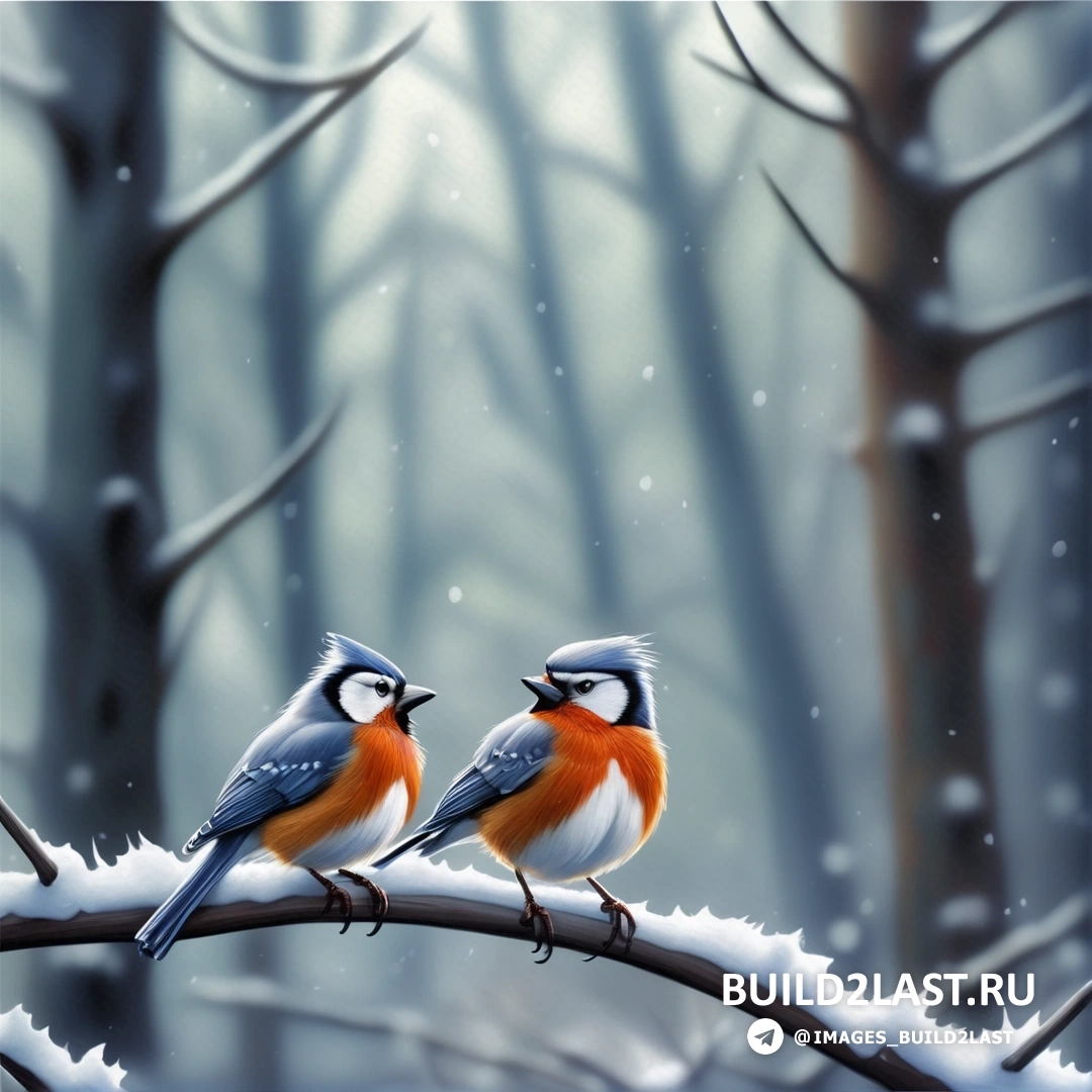 две птицы на ветке в снегу на фоне деревьев и снега, падающего на землю