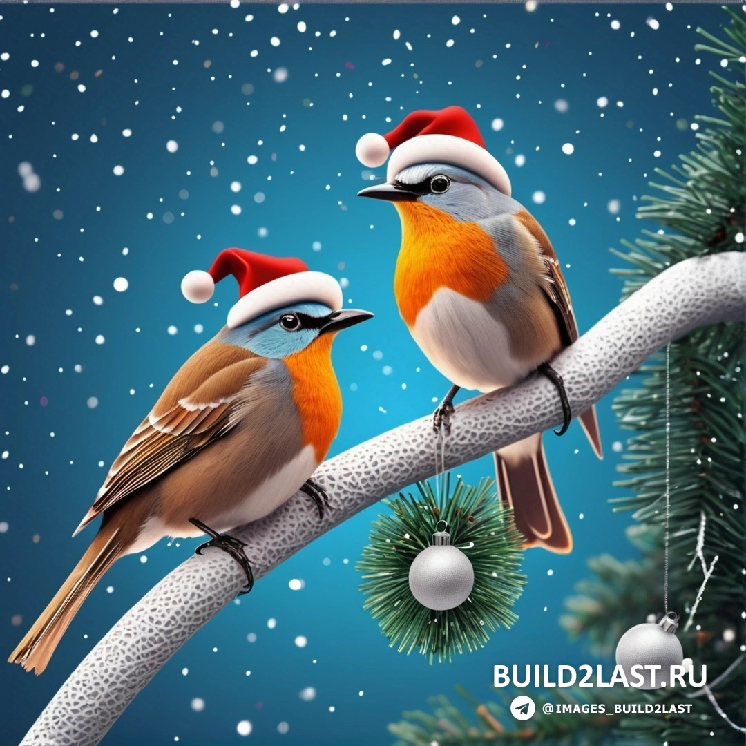 две птицы на ветке с рождественской елкой и заснеженным фоном с рождественским шаром