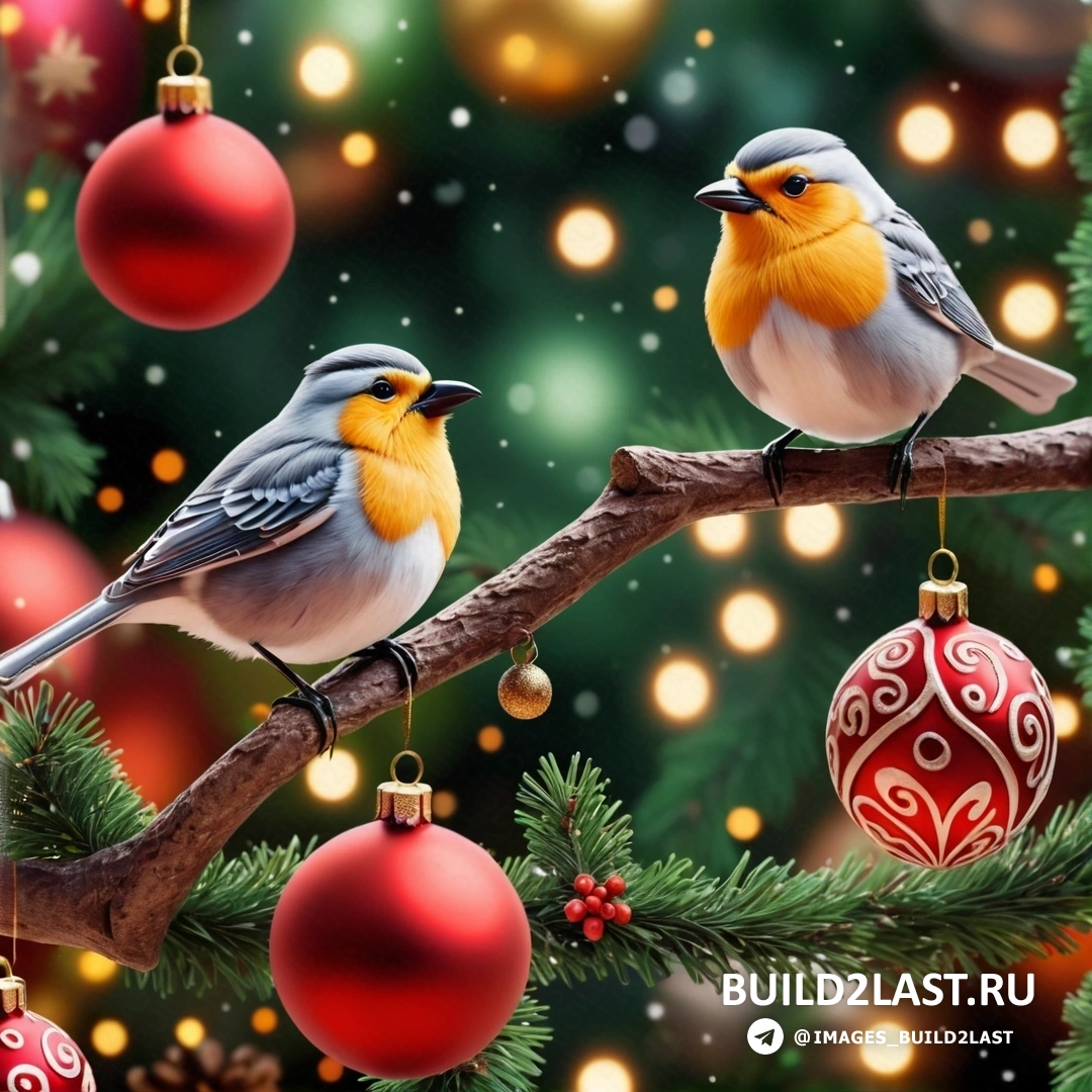 две птицы на ветке с рождественскими украшениями и рождественская елка с огнями