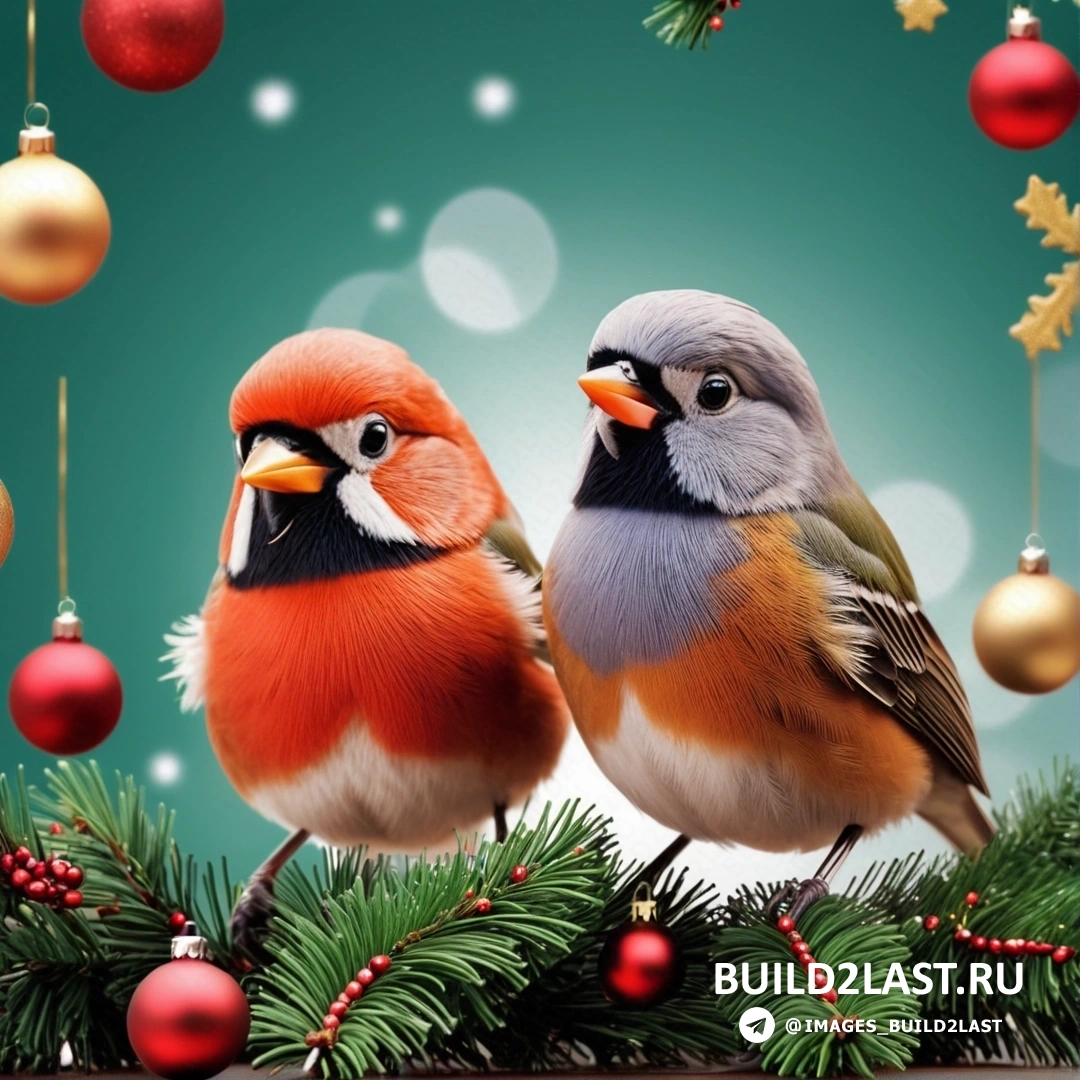 две птицы на ветке с рождественскими украшениями и зеленым фоном с красными и золотыми шарами