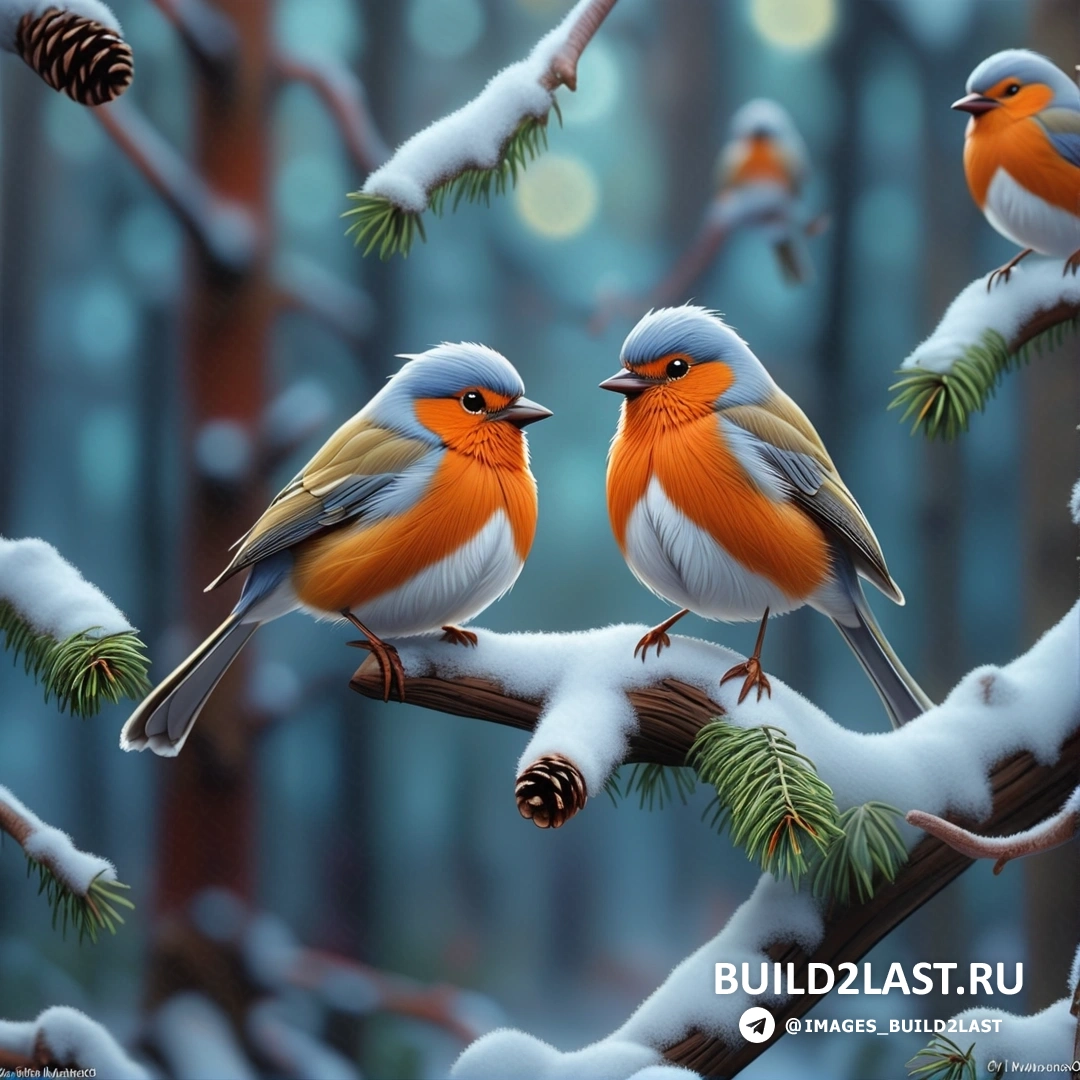 две птицы на ветке в снегу с сосновыми шишками