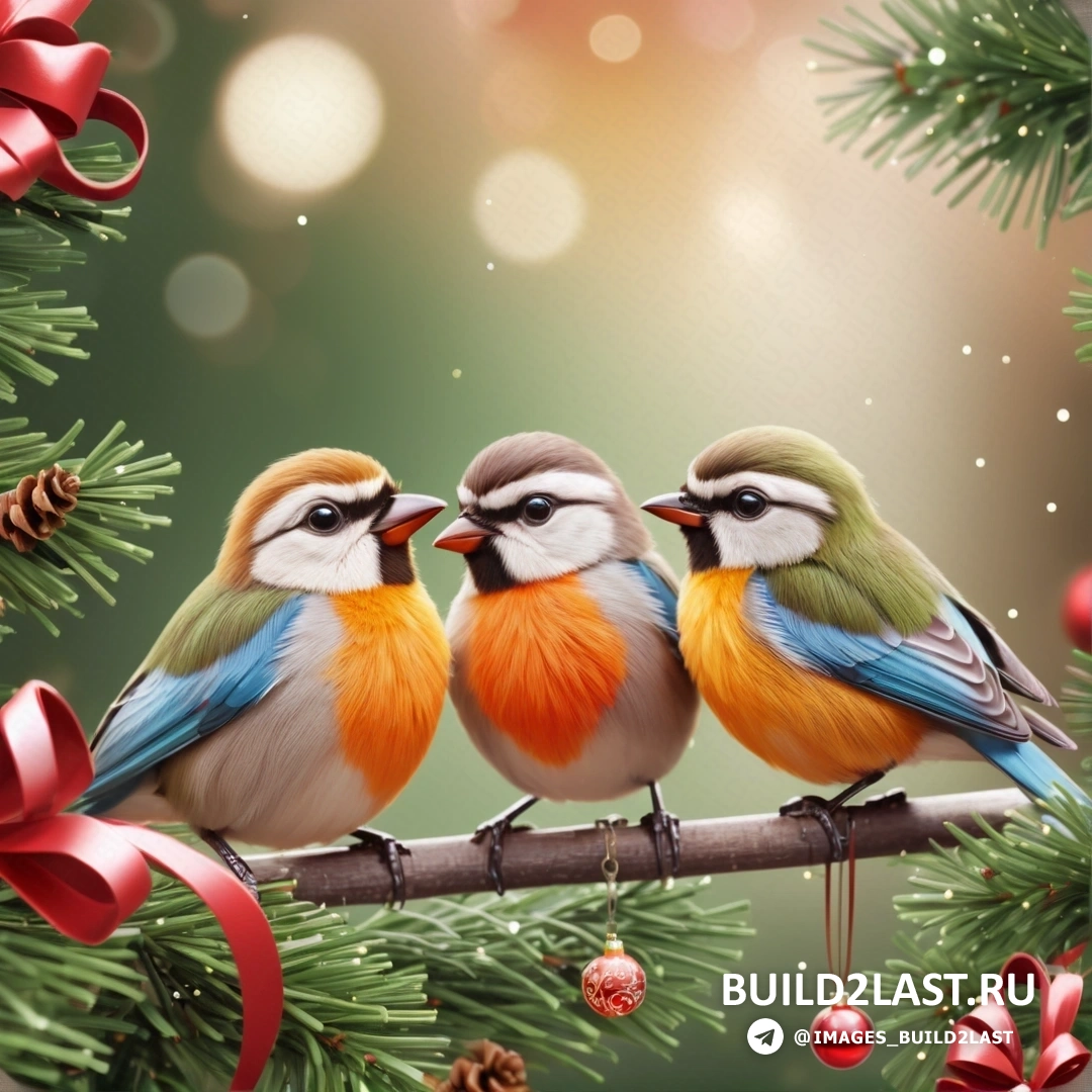 две птицы на ветке с рождественской елкой с красным бантом