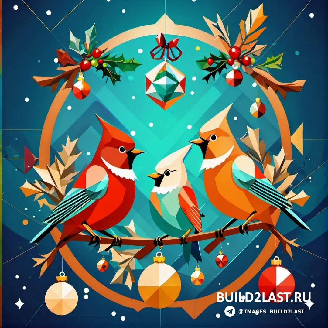 две птицы на ветке с рождественскими украшениями и падубом