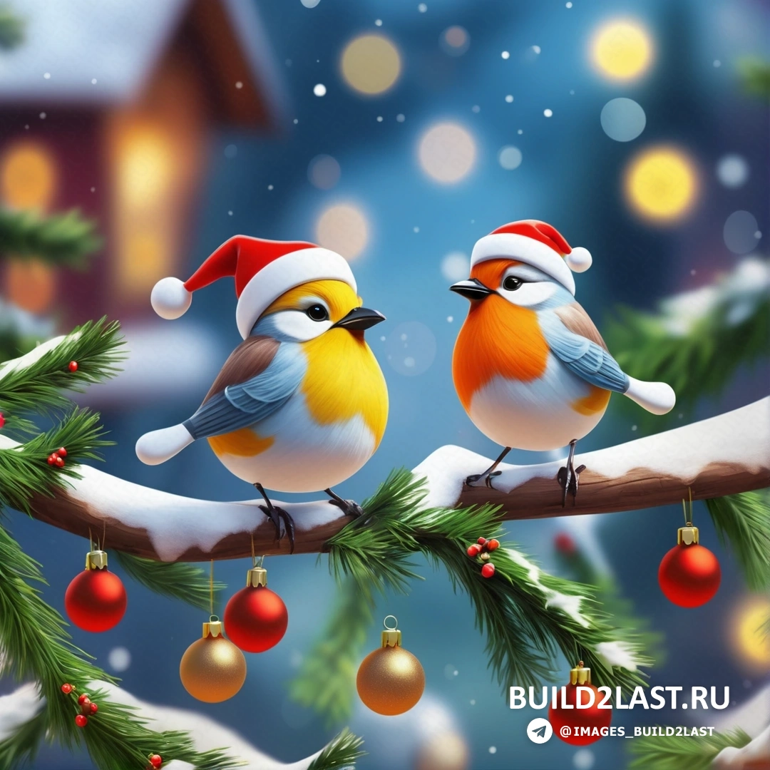 две птицы на ветке с рождественскими украшениями на ветках и рождественской елкой
