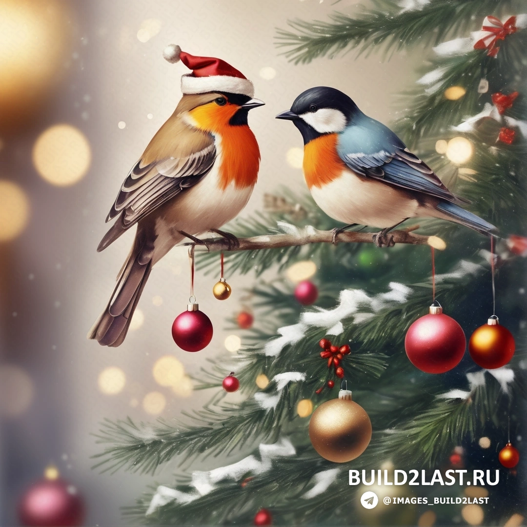 две птицы на ветке с украшениями и рождественская елка с огнями и снегом