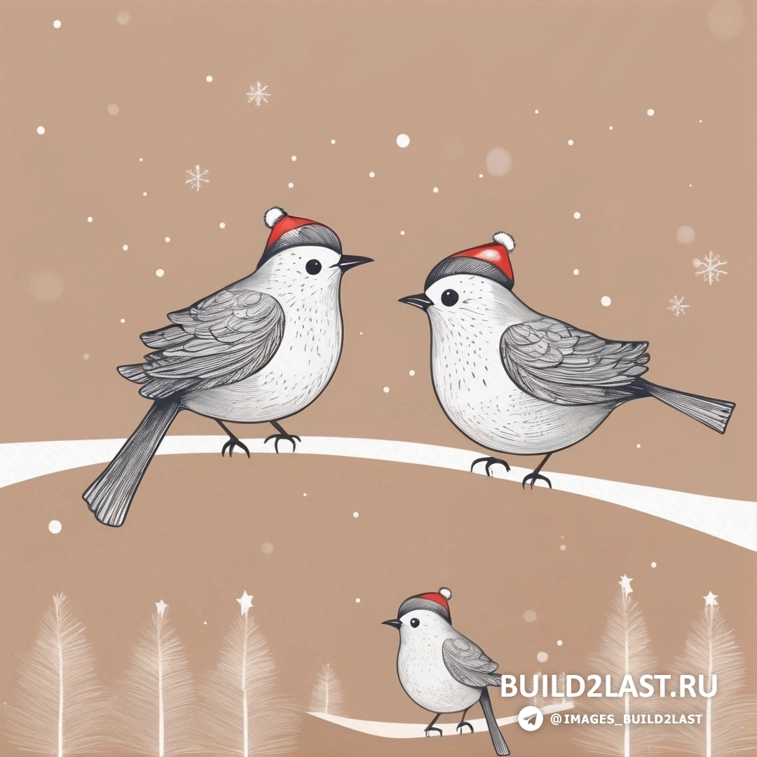 две птицы на ветке, на которую падает снег, и красная шляпа на вершине одной из двух птиц