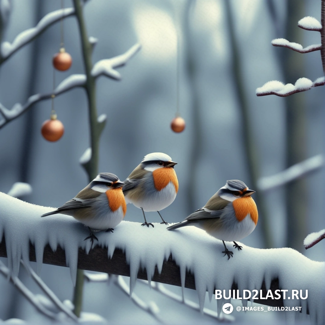 две птицы на ветке со снегом и украшениями, свисающими с ветвей позади них, на снежном фоне