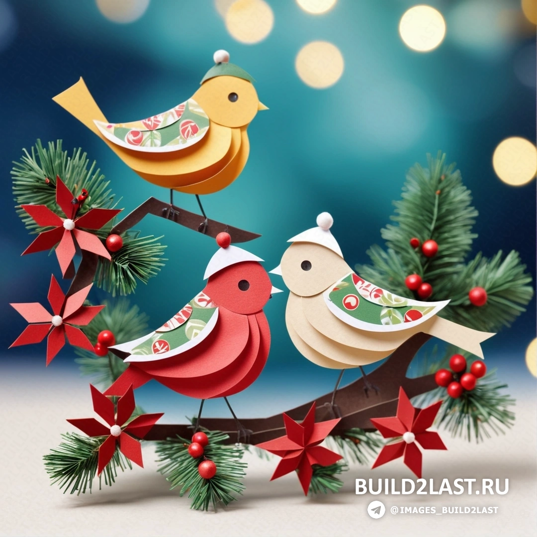 две птицы на ветке с рождественскими украшениями и синим фоном с огнями и боке