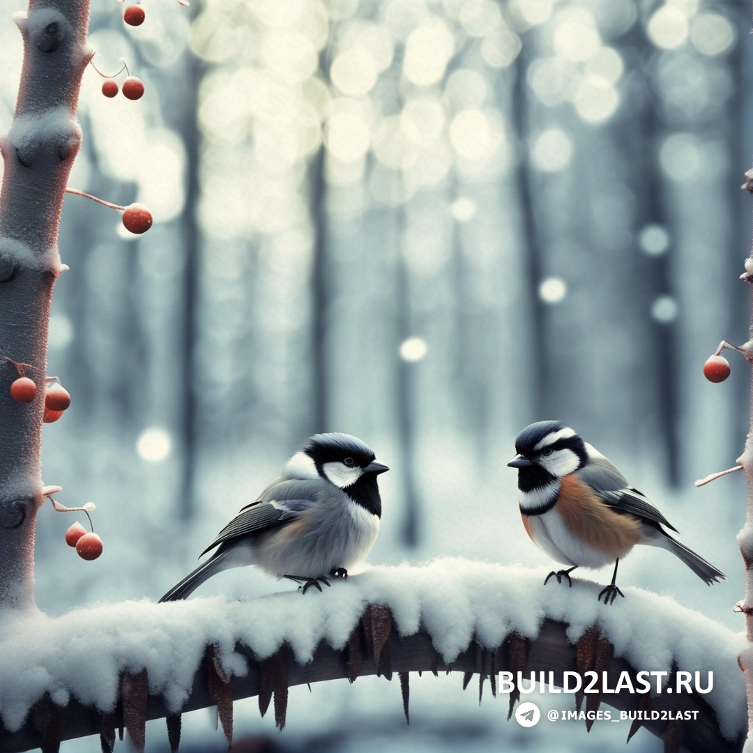 две птицы сидели на ветке в снегу с ягодами на ветках позади них и лесом