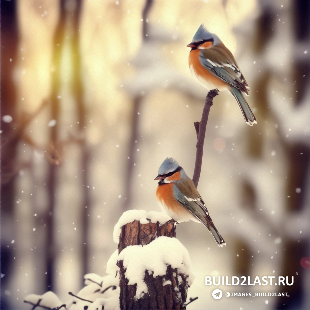 две птицы сидели на ветке дерева в заснеженном лесу со снегом, и деревья