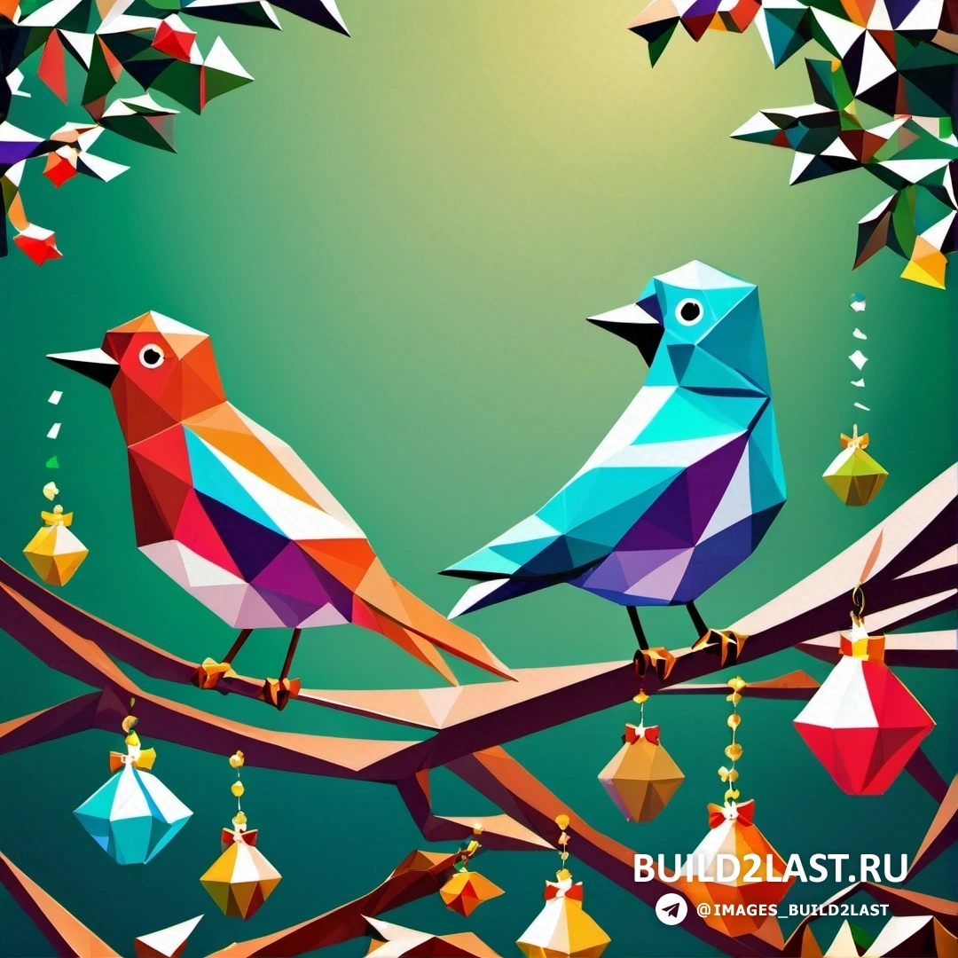 две разноцветные птицы на ветке с свисающими украшениями и зеленым фоном с голубым небом