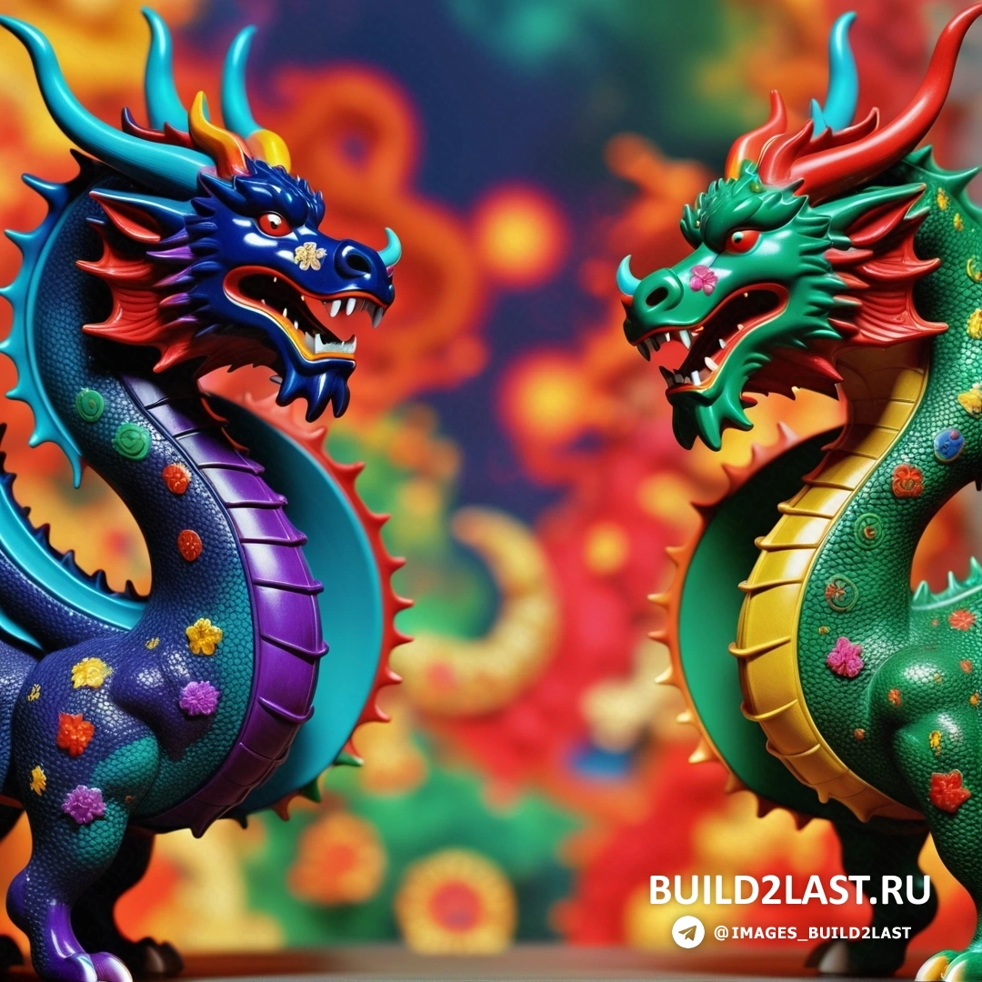 две разноцветные статуи дракона стоят рядом друг с другом на столе