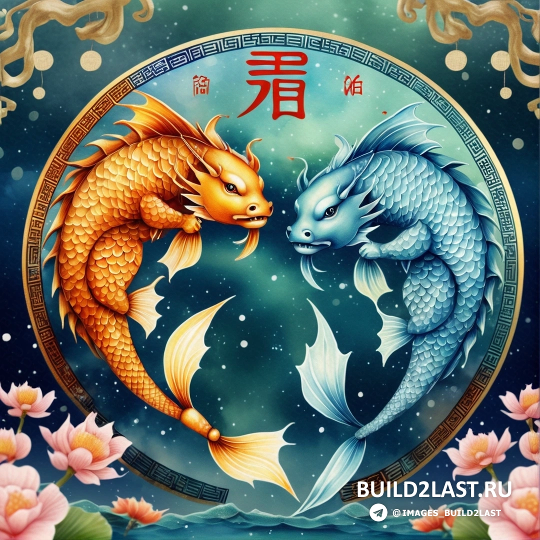 две рыбы стоят лицом друг к другу по кругу, цветы, сбоку китайский иероглиф