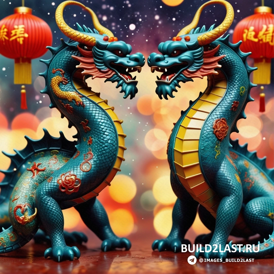 две статуи синего дракона с красными фонарями на фоне ночного неба и звездами в небе позади них