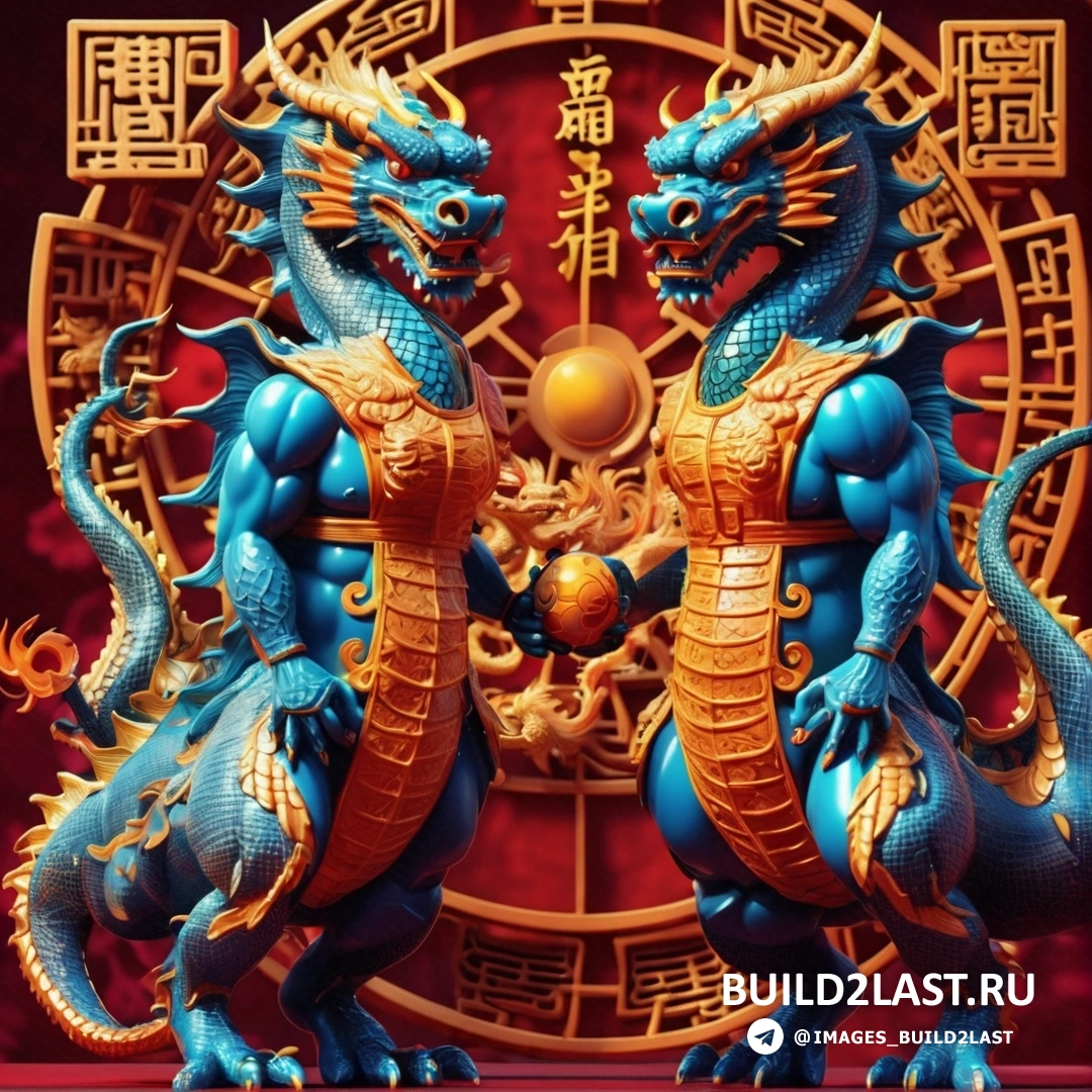 две статуи синего дракона, стоящие рядом друг с другом на столе с часами и красным фоном
