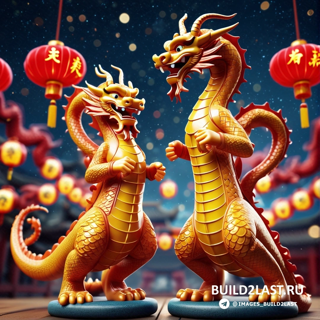 две статуи золотых драконов, стоящие рядом друг с другом на столе с фонарями и небом, наполненным звездами