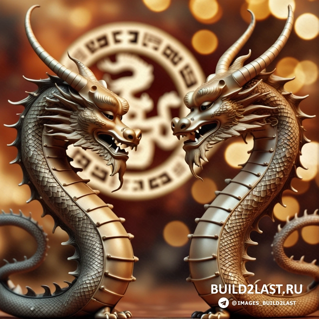 две статуи золотых драконов с золотым фоном