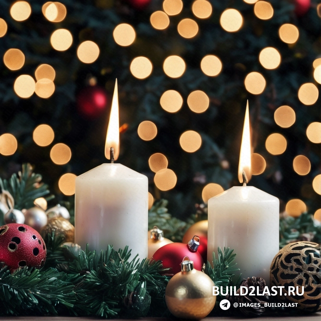 две свечи зажигаются перед рождественской елкой с украшениями и шарами на столе