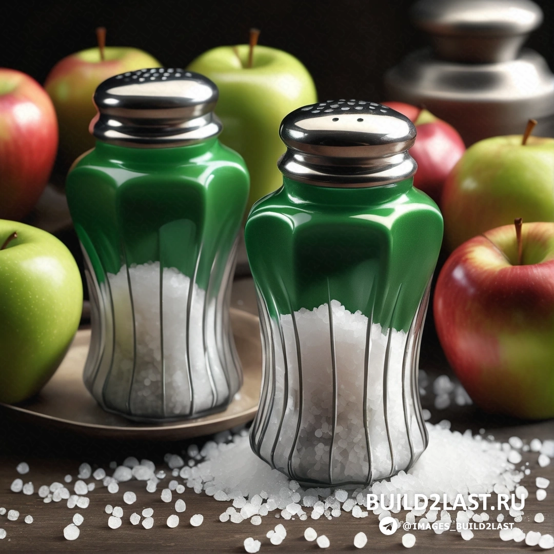 Гиперреализм - 3D рендеринг. Две зеленые солонки с белым сахаром на тарелке рядом с яблоками и другими специями на столе.