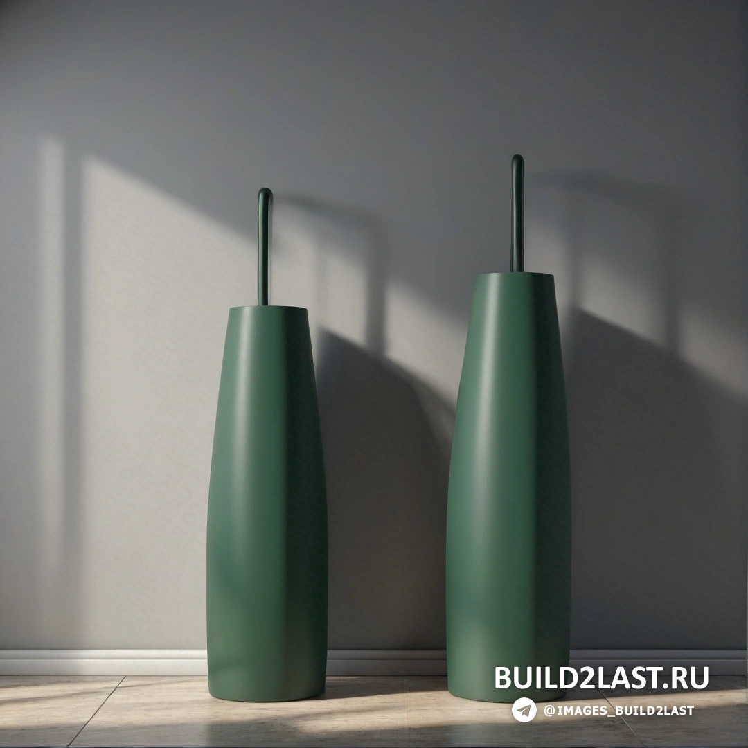 Бетонное искусство - 3D-рендер. Две зеленые вазы на кафельном полу в комнате с белой стеной и окном за ними
