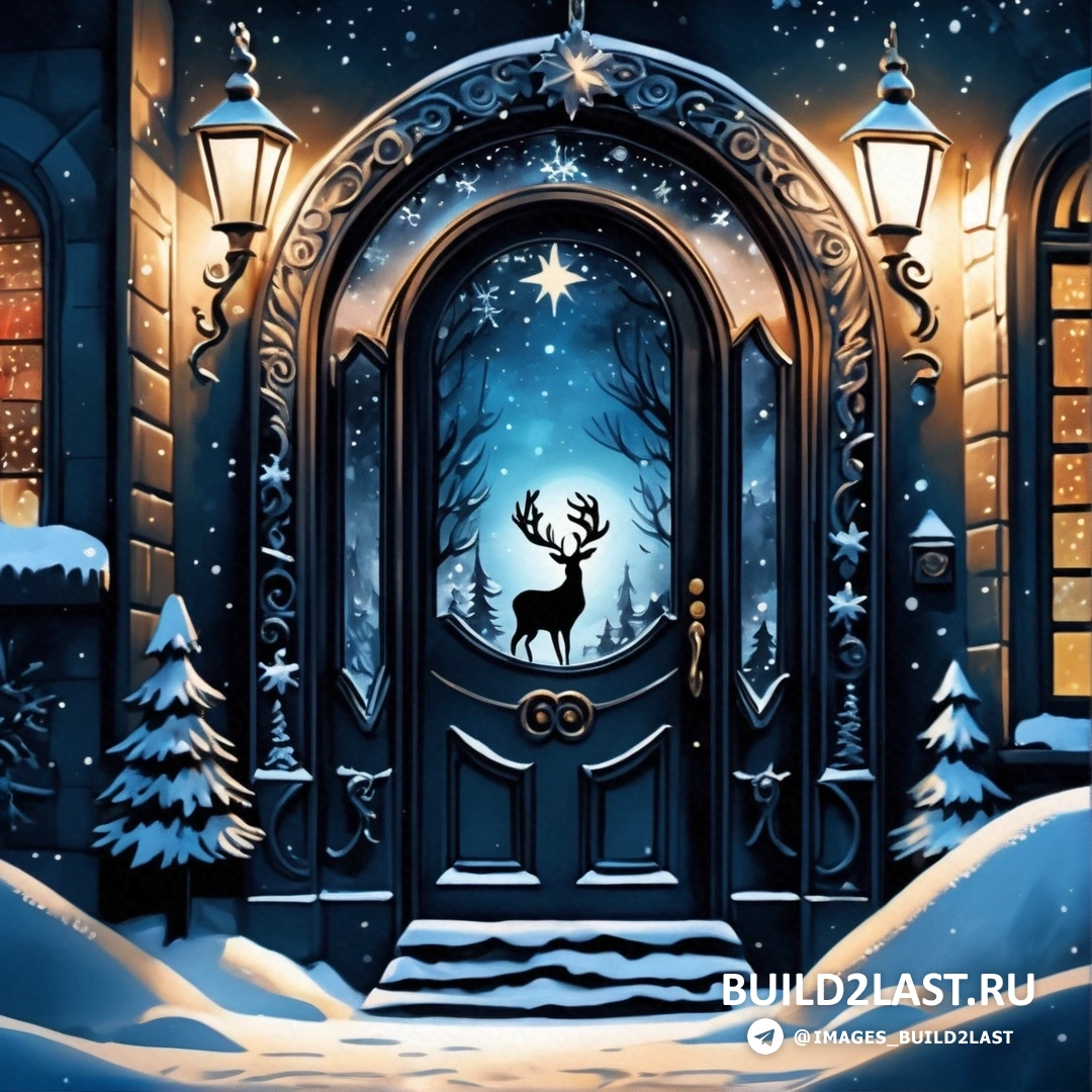 дверь с оленем, а за ней снежный пейзаж, и светящееся окно со звездой 