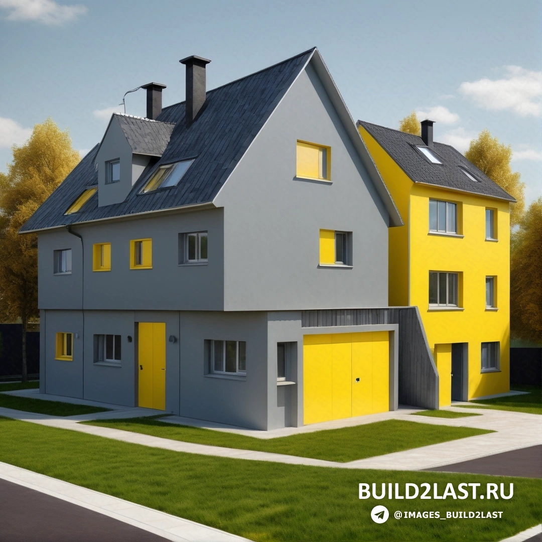 Фотореализм - цифровой рендеринг. Двухэтажный дом с желтыми дверями и окнами на углу улицы, на фоне травы и деревьев.